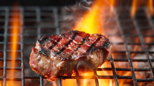 Steak de bœuf grésillant sur la flamme du gril AI générée