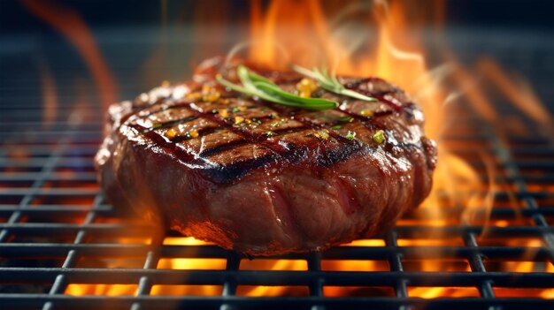 Steak de bœuf grésillant sur la flamme du gril AI générée