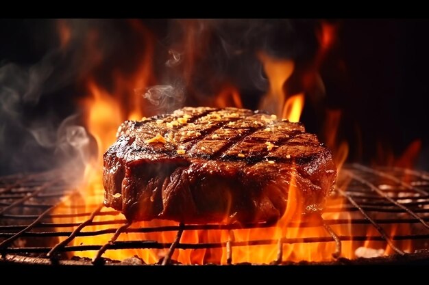 steak de bœuf sur le gril avec des flammes