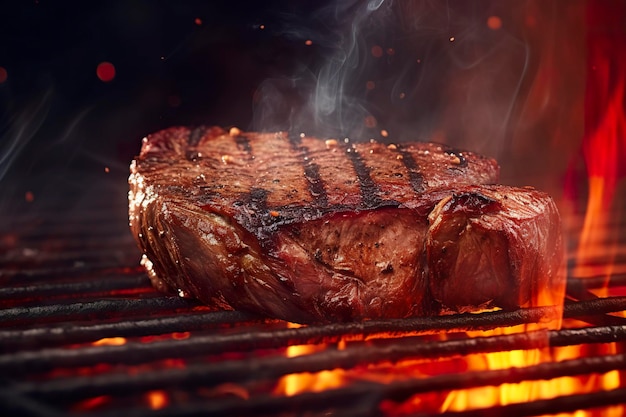 Steak de boeuf sur le gril avec fumée et flammes AI Generative