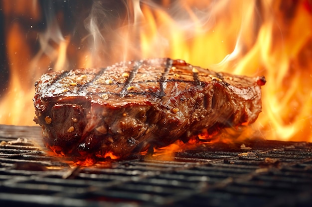 Steak de boeuf sur le gril avec fumée et flammes AI Generative