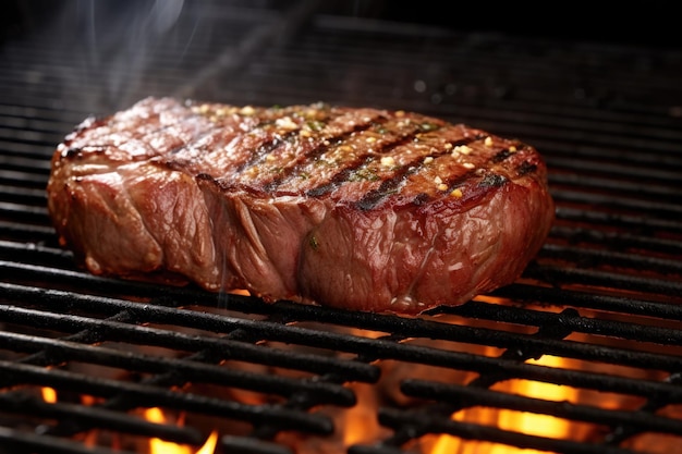 Steak de boeuf sur le gril avec des marques de grill visibles