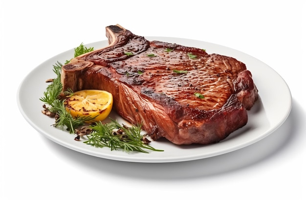 Photo un steak de bœuf grillé avec de l'aneth et du citron isolé sur un fond blanc