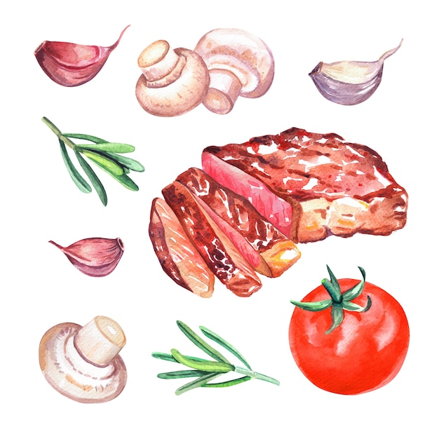 Steak de boeuf grillé au romarin, champignons et tomate. Illustration aquarelle dessinée à la main isolée sur fond blanc.
