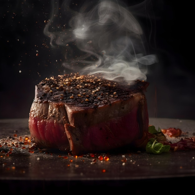 Steak de boeuf grillé aux épices et herbes sur fond noir