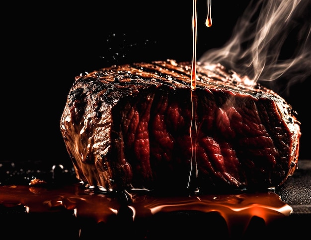 Steak de boeuf grillé aux herbes et épices sur fond noir