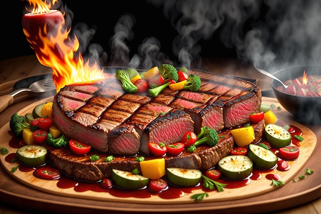 Steak de bœuf grillé aux légumes sur le grill