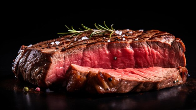 Photo steak de bœuf grillé avec du romarin et du sel sur fond noir