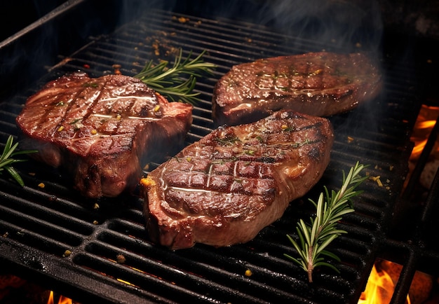 Steak de bœuf grillé avec du romarin et des épices sur un barbecue