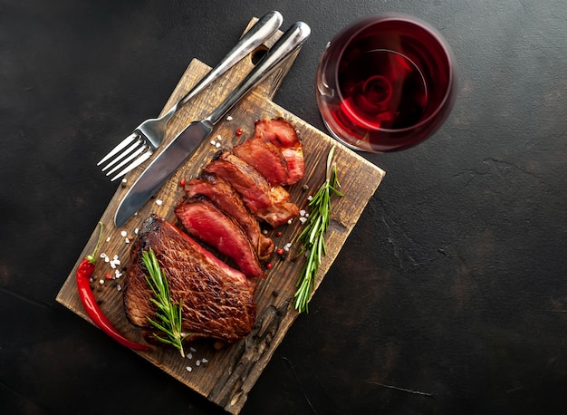 Steak de boeuf grillé avec du vin rouge, des herbes et des épices. Vue d'en-haut