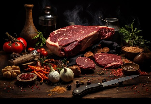 Steak de bœuf grillé avec des épices et du romarin sur un fond noir