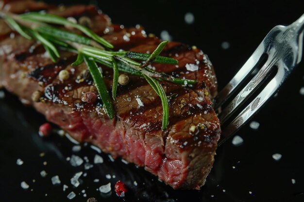 Steak de bœuf grillé avec des épices sur fond noir