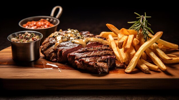 Photo steak de bœuf grillé avec des frites vue du haut