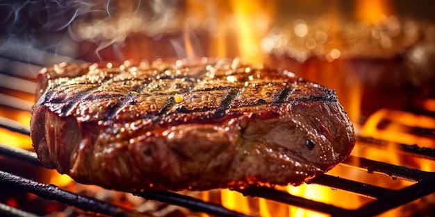 Steak de bœuf grillé sur un gril en flammes IA générative