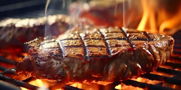 Steak de bœuf grillé sur un gril en flammes IA générative