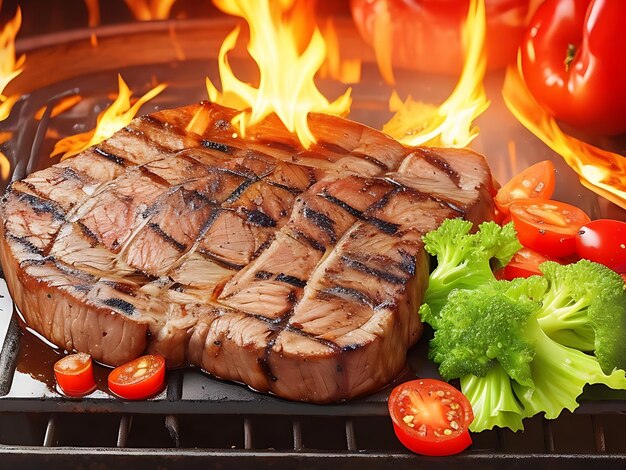 Steak de bœuf grillé sur le grill flamboyant avec légumes grillés aux tomates