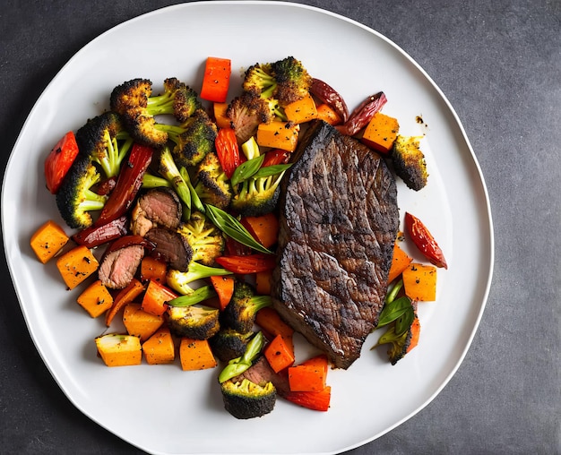 Steak de boeuf grillé avec légumes et épices sur une assiette sur une vue de dessus de fond blanc