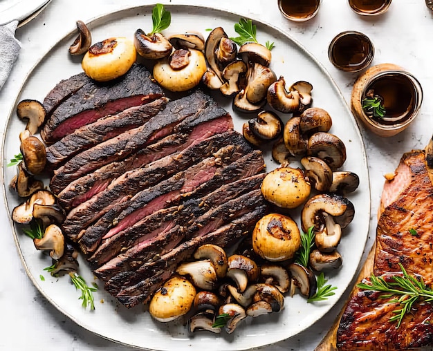 Steak de boeuf grillé avec légumes et épices sur une assiette sur une vue de dessus de fond blanc