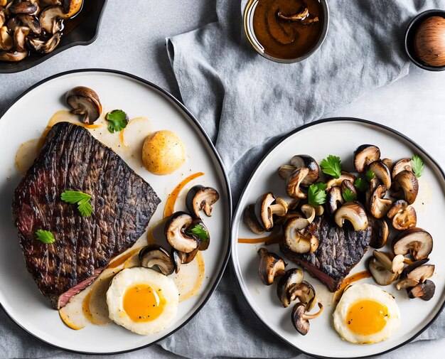 Steak de boeuf grillé avec légumes et épices sur une assiette sur une vue de dessus de fond blanc