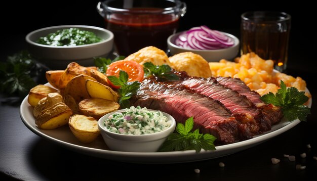 Photo un steak de bœuf grillé avec des légumes frais cuits à la perfection générés par l'intelligence artificielle.