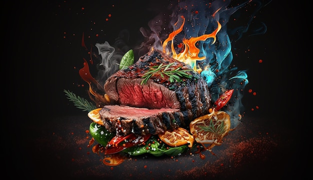 Steak de bœuf grillé avec des légumes sur le gril en flammes