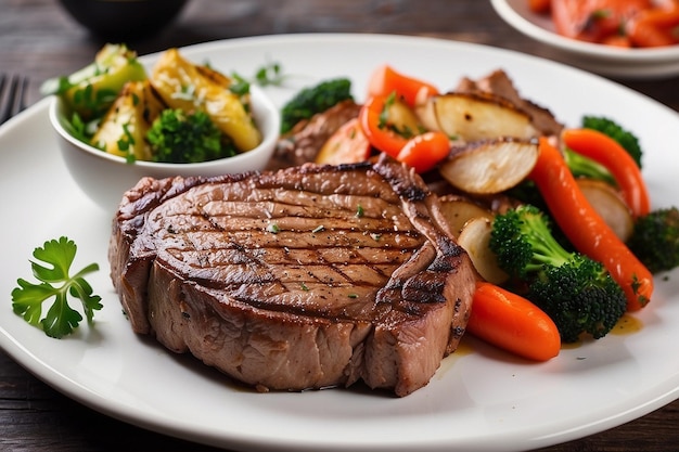 Photo steak de bœuf grillé avec des légumes