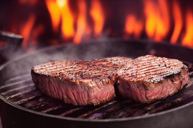 Steak de boeuf grillé moyennement rare sur le feu Mise au point sélective Illustration 3D