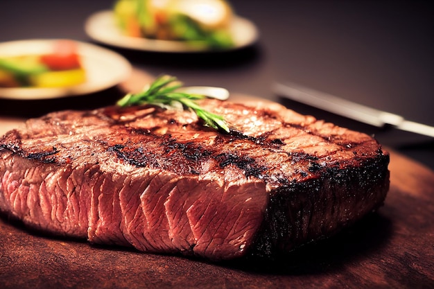Steak de boeuf grillé moyennement rare sur le feu Mise au point sélective Illustration 3D