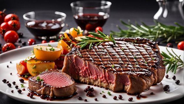 Steak de boeuf grillé photo sur la surface en bois sombre avec de la viande cuite