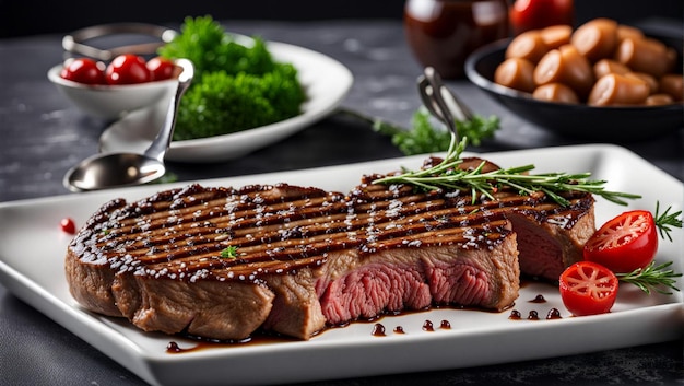 Steak de boeuf grillé photo sur la surface en bois sombre avec de la viande cuite