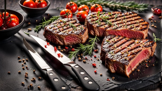 Steak de boeuf grillé photo sur la surface en bois sombre avec de la viande cuite