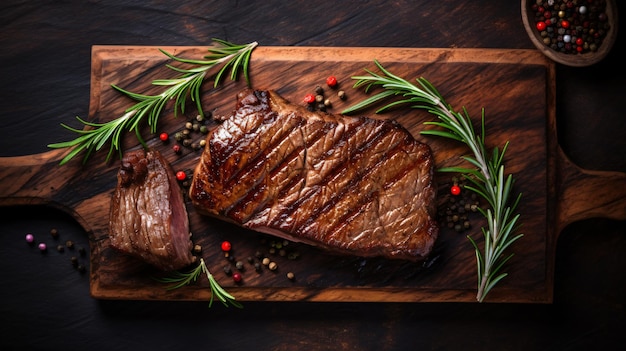 Steak de bœuf grillé sur une planche à couper en bois