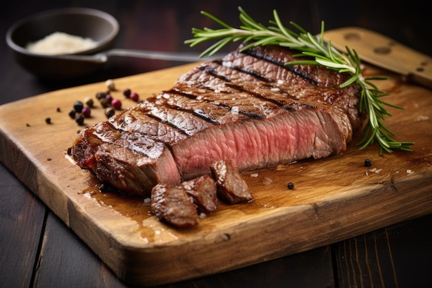 Un steak de bœuf grillé sur une planche à découper avec du romarin et des épices sur un fond en bois Un morceau de steak sur une planche à découper de près