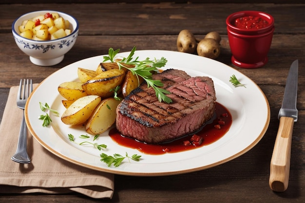 Steak de bœuf grillé avec pommes de terre et sauce tomate piquante