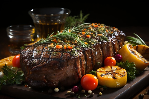 Steak de bœuf grillé sur la surface en bois sombre