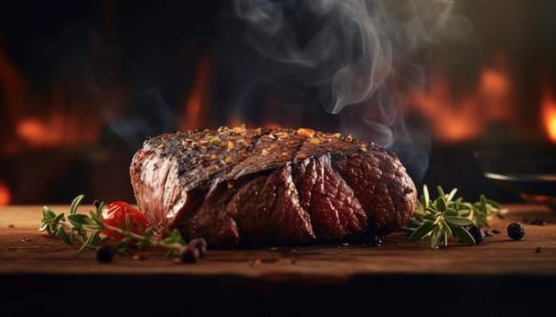 Steak de bœuf grillé sur une table en bois avec des flammes en arrière-plan