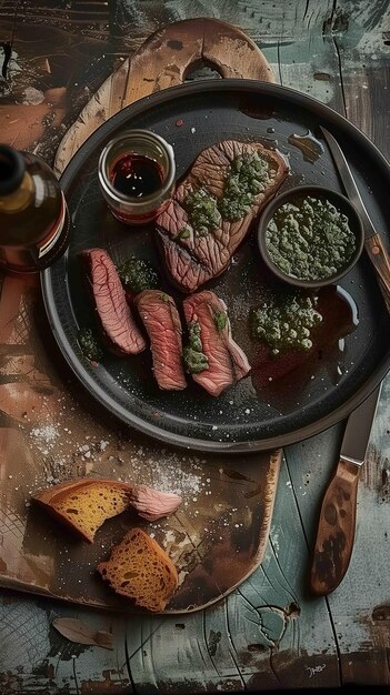 Steak de bœuf grillé en tranches sur une grande assiette en gros plan