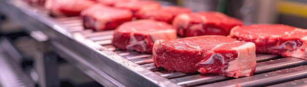 Un steak de bœuf de haute qualité sur une ligne de production dans une usine industrielle de transformation alimentaire