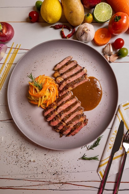 Steak de boeuf et ingrédients sur fond blanc