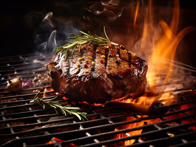 Steak de bœuf juteux délicieux au gril avec fumée et flammes vieilli prime rôti rare grillé tenderloin ou ribeye steak grillé bœuf de marbre prime avec romarin poivre noir sel IA générative