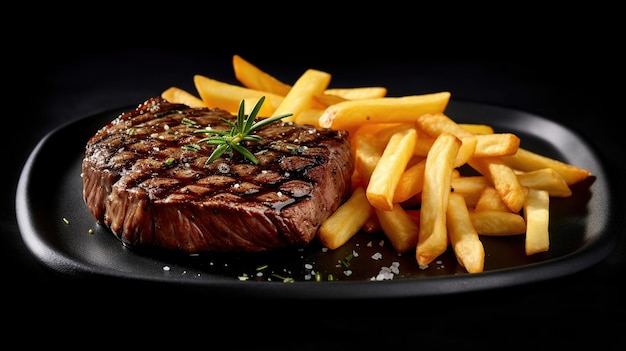 Steak de boeuf mi-saignant avec frites Image générée par l'IA