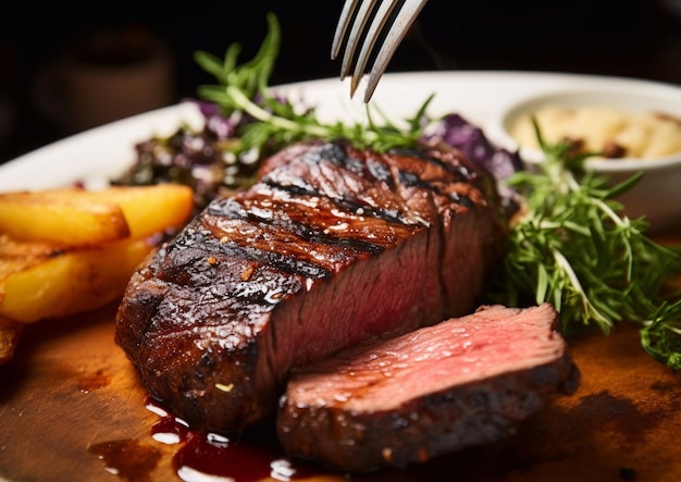 Steak de bœuf Mignon tenderloin avec fourchette sur assiette dans un restaurant de haute cuisineAI Génératif