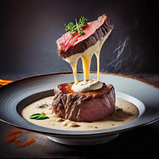 Photo un steak de bœuf orné de soupe à la crème avec de la viande