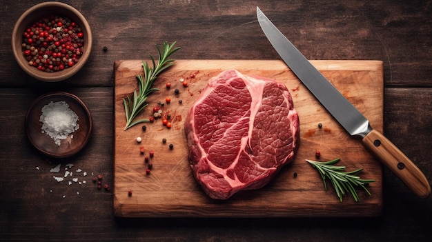 Steak de bœuf sur une planche à couper en bois