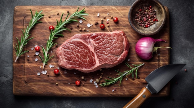 Steak de bœuf sur une planche à couper en bois