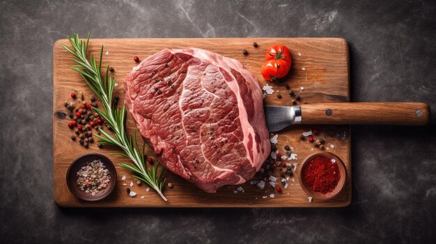 Steak de bœuf sur une planche à couper en bois