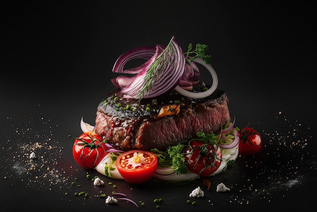 Steak de boeuf produit studio photo fond noir foncé salade de tomates fraîches à l'oignon illustration AI générative