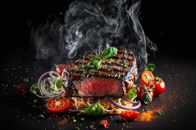 Steak de boeuf produit studio photo fond noir foncé salade de tomates fraîches à l'oignon illustration AI générative