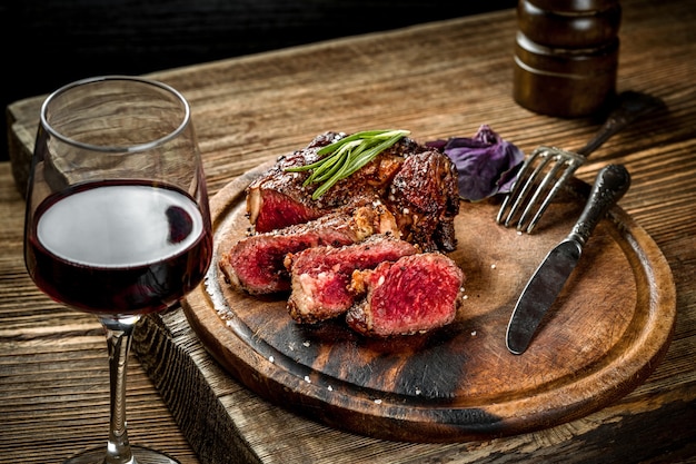 Steak de boeuf ribeye grillé avec des herbes et des épices au vin rouge sur une table en bois