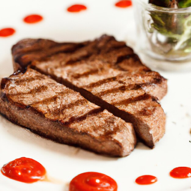 Steak de bœuf rôti légèrement grillé sur une assiette blanche avec sauce aux herbes et tomates généré par l'IA